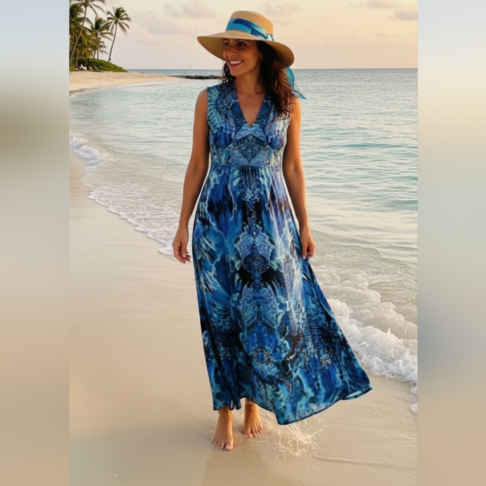World Unity Dress XL Blue slinky maxi boho goddess fairy core gems dress